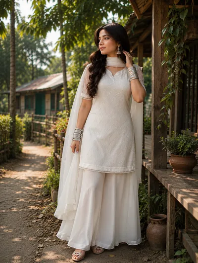 Premium PK-Inspired 3PC Set | Embroidered Georgette Kameez with Pearl Detailing | Aurarem — Dresses — Dhaka, Bangladesh | AURAREM — view 4