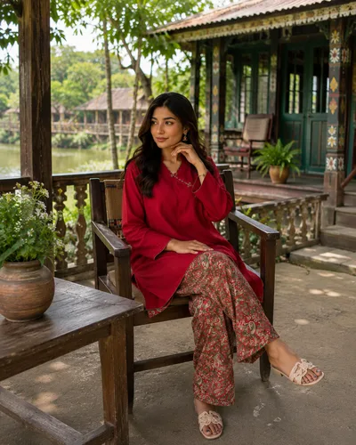 Effortless Elegance in Red  | Trendy Ethnic Outfit Inspiration | Pakistani Fashion Look 2026 — Kurtis — Dhaka, Bangladesh | AURAREM — view 2